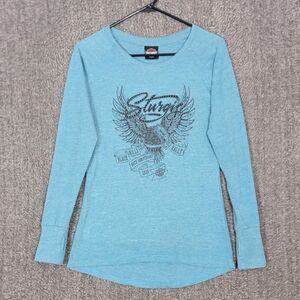 Harley Davidson Motorcycles T-Shirt Womens Small Blue Long Sleeve Sturgis Rally